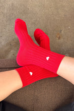 Load image into Gallery viewer, Embroidered Her Socks, Classic Red + Heart