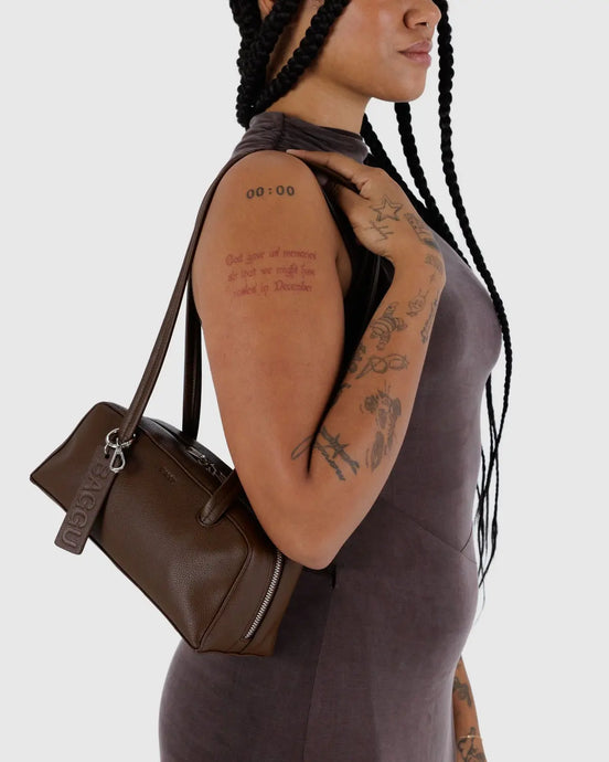 BAGGU Small Leather Bowler Bag, Brown