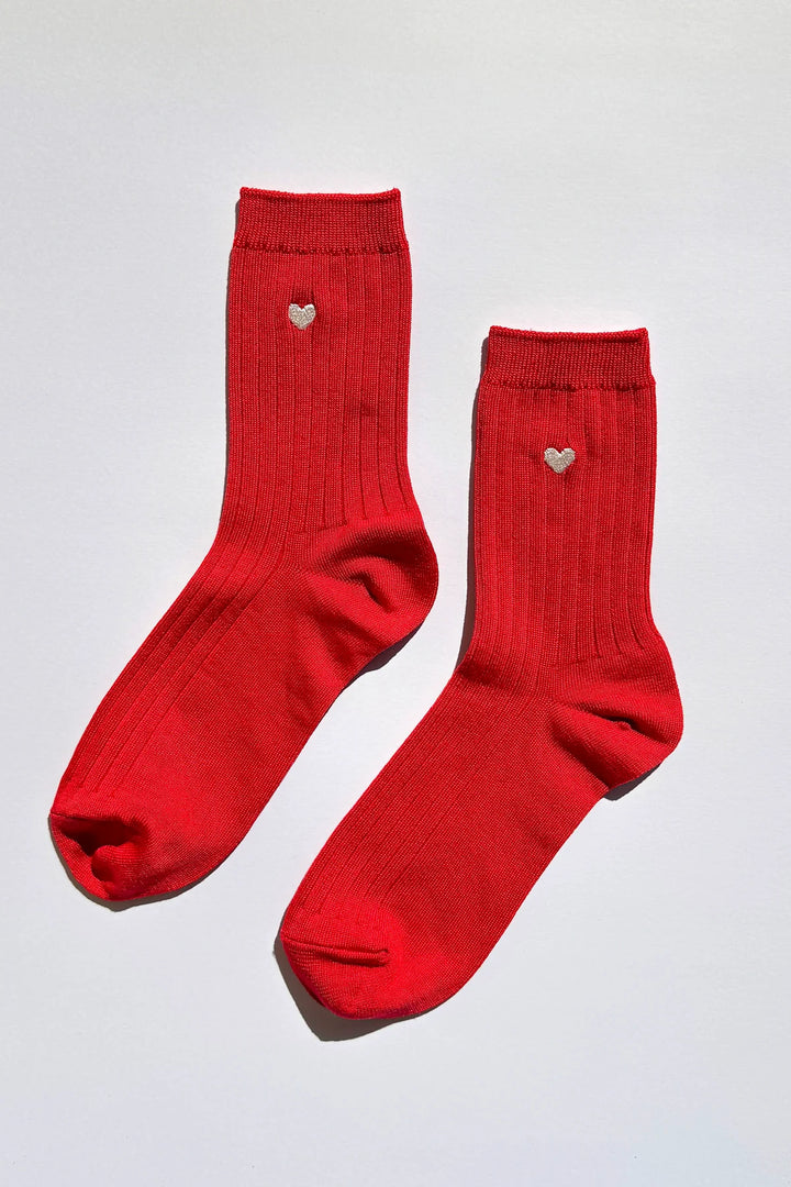 Embroidered Her Socks, Classic Red + Heart