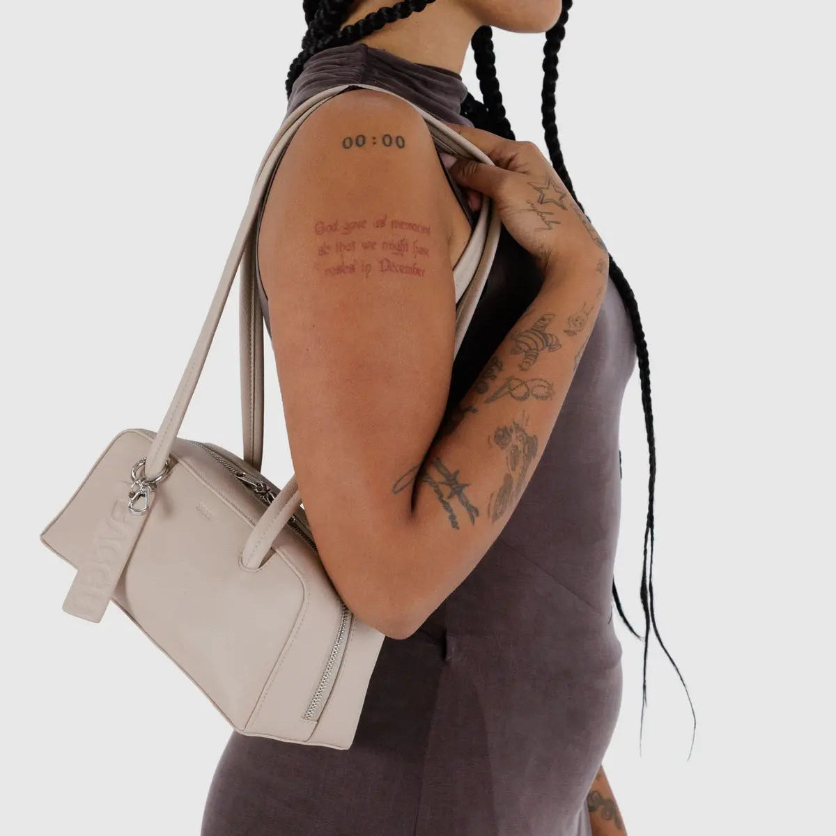 BAGGU Small Recycled Leather Bowler Bag, Stone