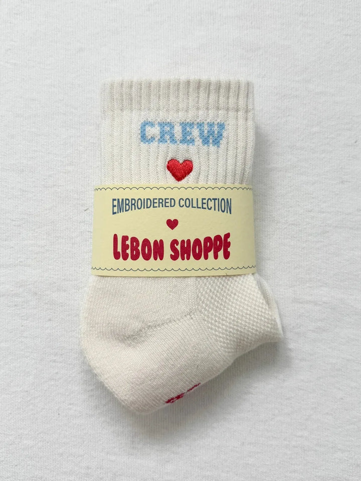 Embroidered Crew Socks, Vanilla