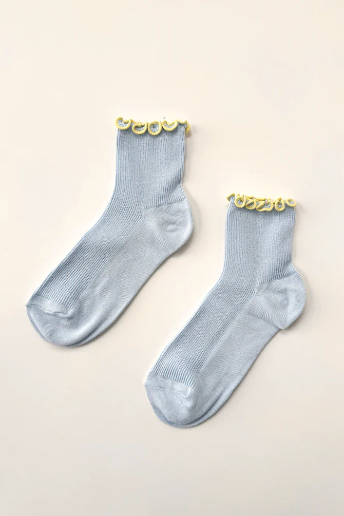 Ruffled Modal Socks, Baby Blue / Butter