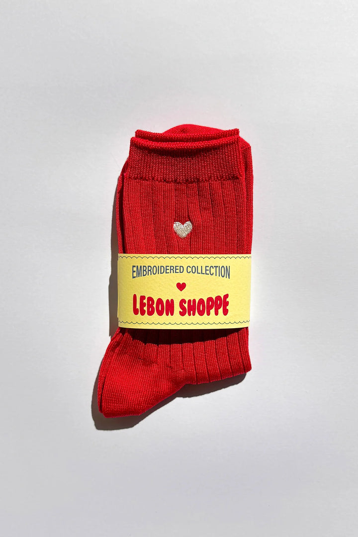 Embroidered Her Socks, Classic Red + Heart