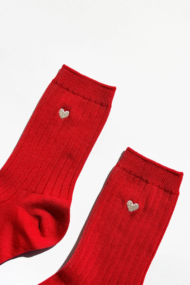 Embroidered Her Socks, Classic Red + Heart