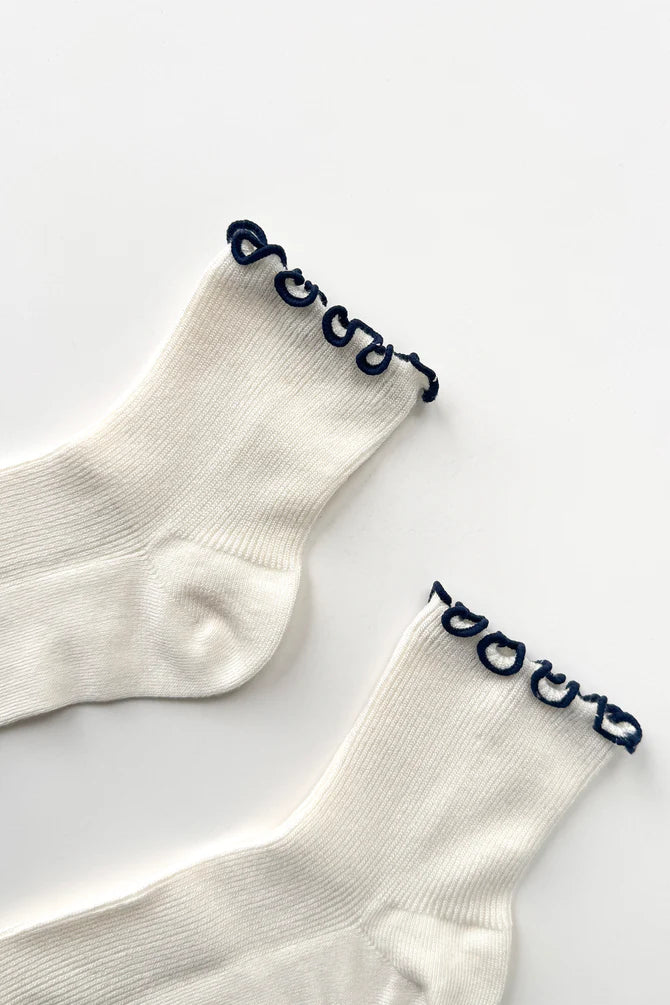 Ruffled Modal Socks, Soft White / Navy