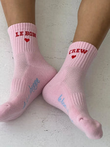 Embroidered Crew Socks, Strawberry Milk