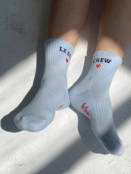 Embroidered Crew Socks, Sky Blue