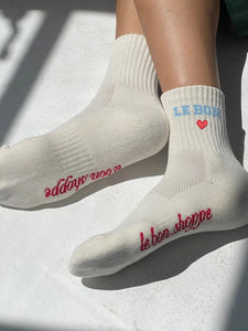 Embroidered Crew Socks, Vanilla