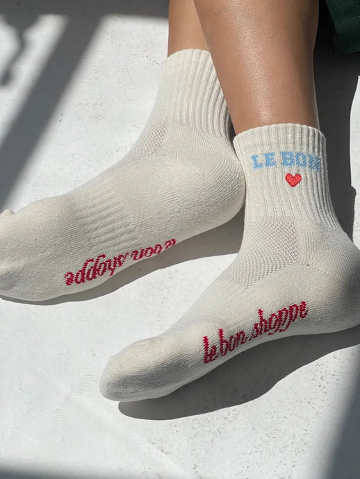 Embroidered Crew Socks, Vanilla