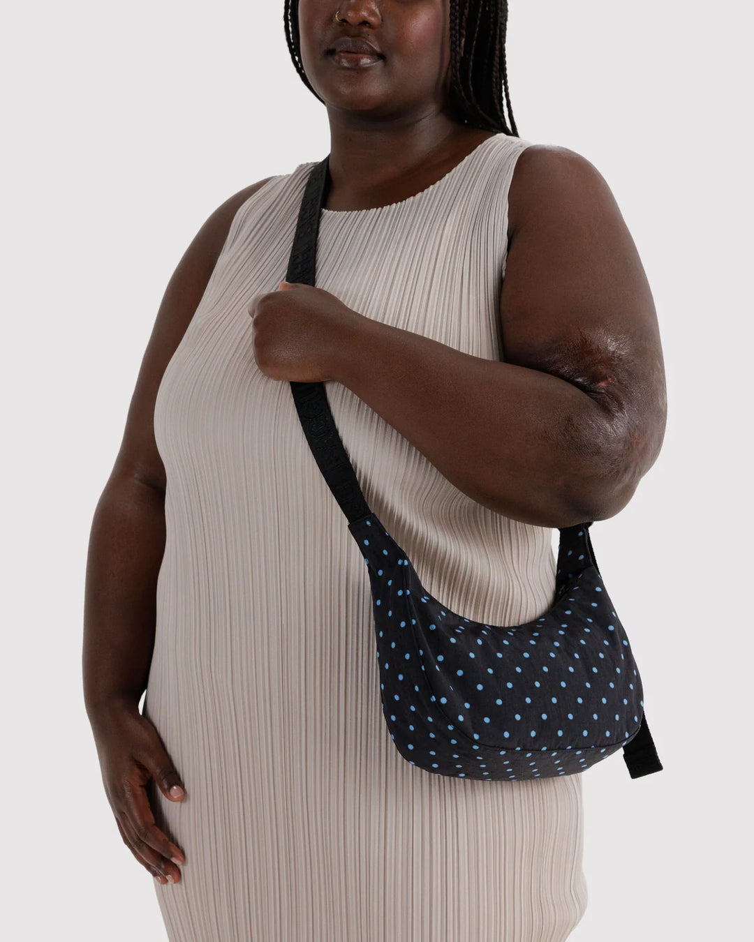 BAGGU Small Crescent Bag, Black &amp; Sky Blue Micro Dot