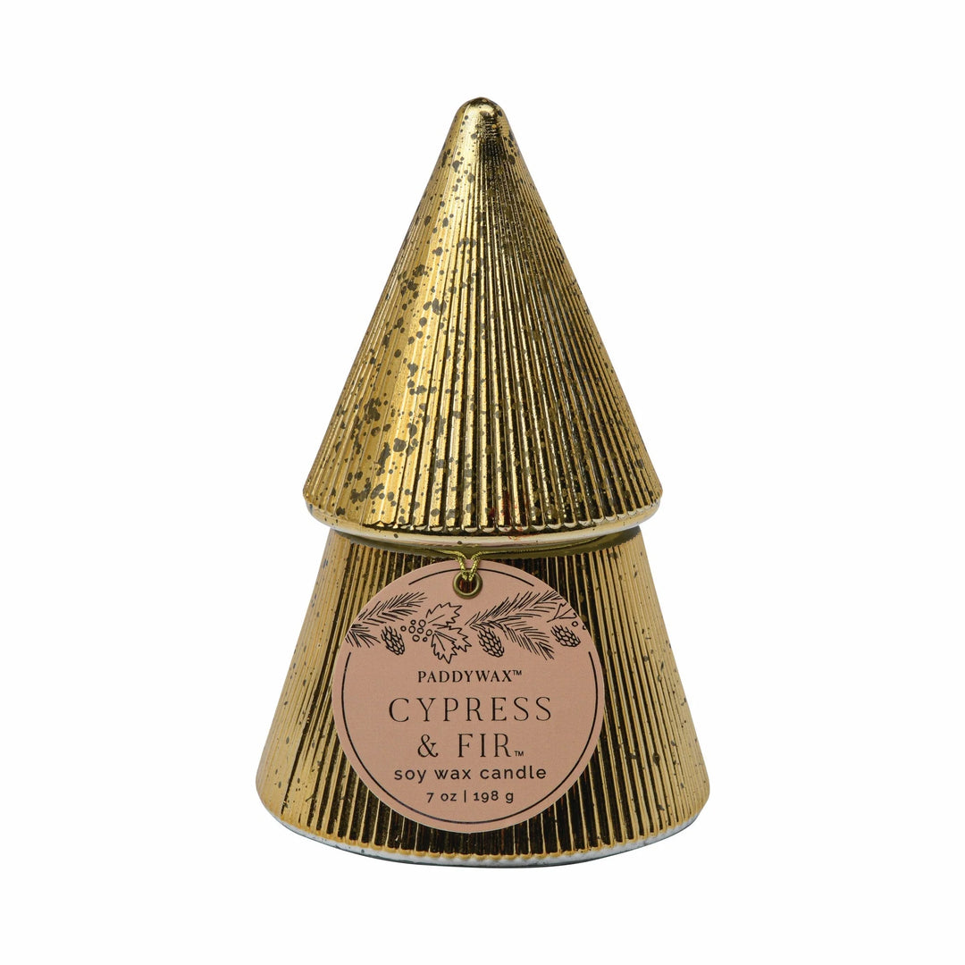 Gold Stacked Tree Candle, Cypress &amp; Fir