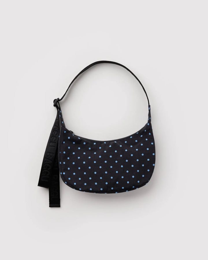 BAGGU Small Crescent Bag, Black &amp; Sky Blue Micro Dot