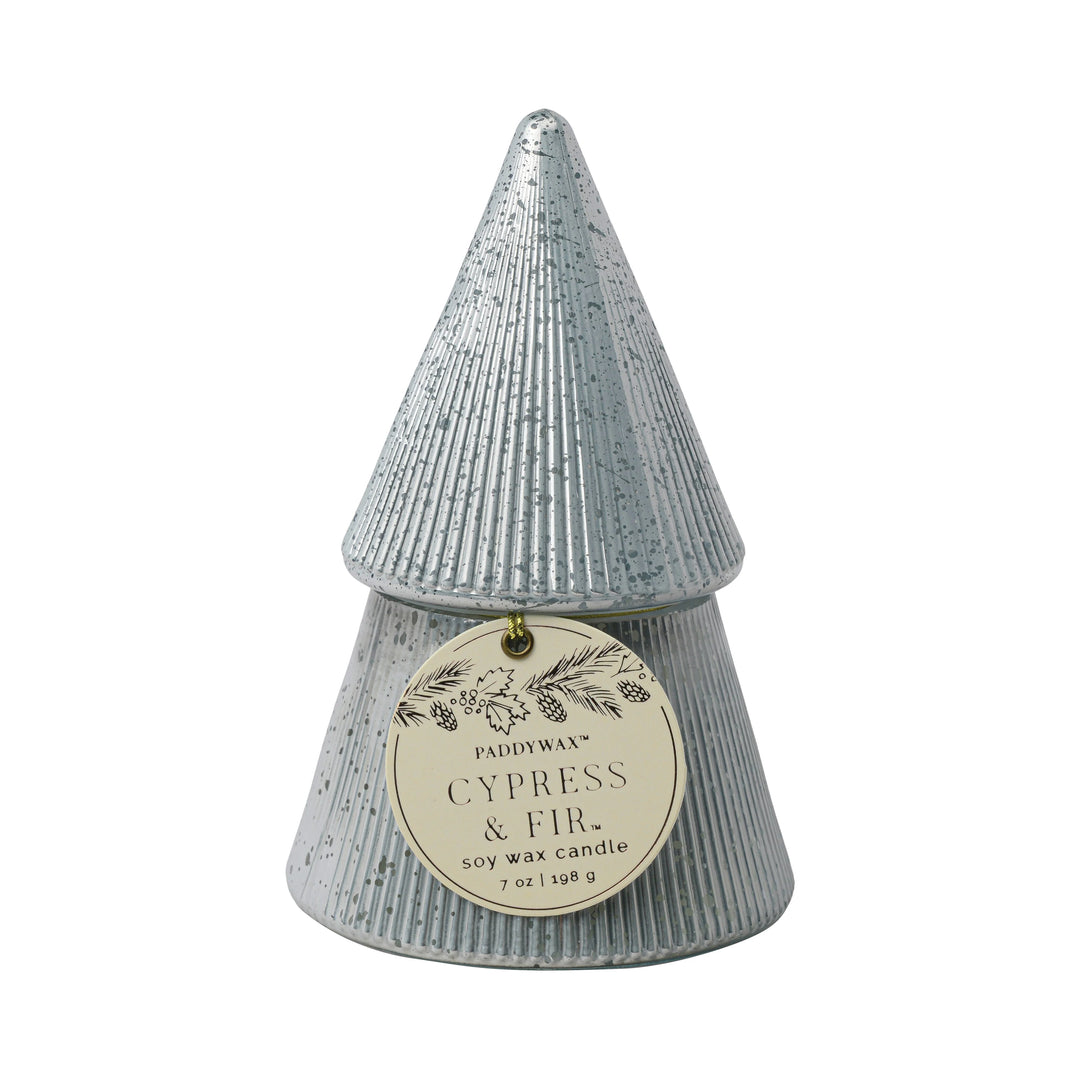 Silver Stacked Tree Candle, Cypress &amp; Fir