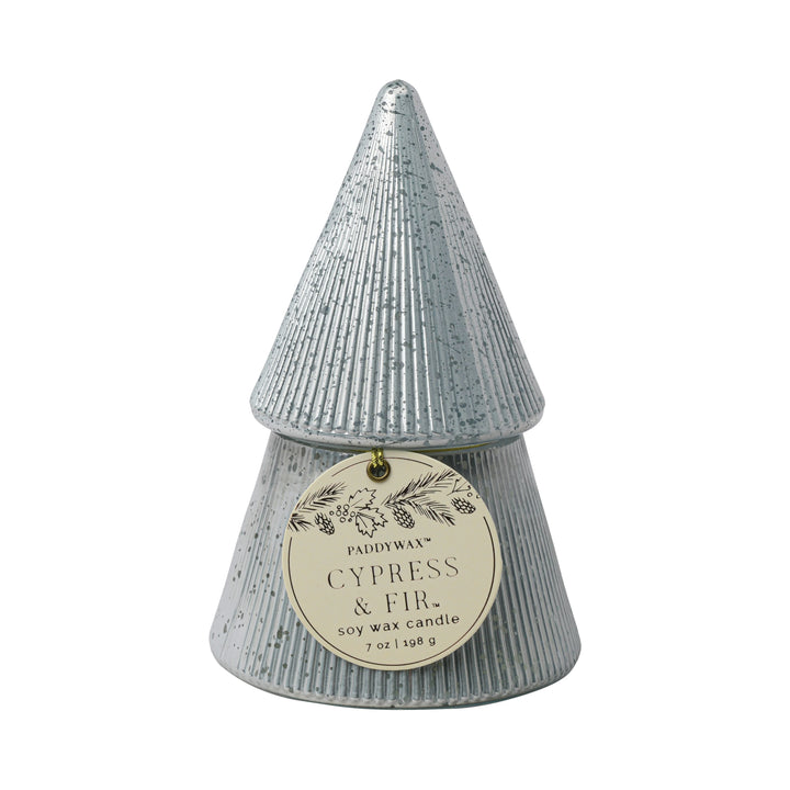 Silver Stacked Tree Candle, Cypress &amp; Fir