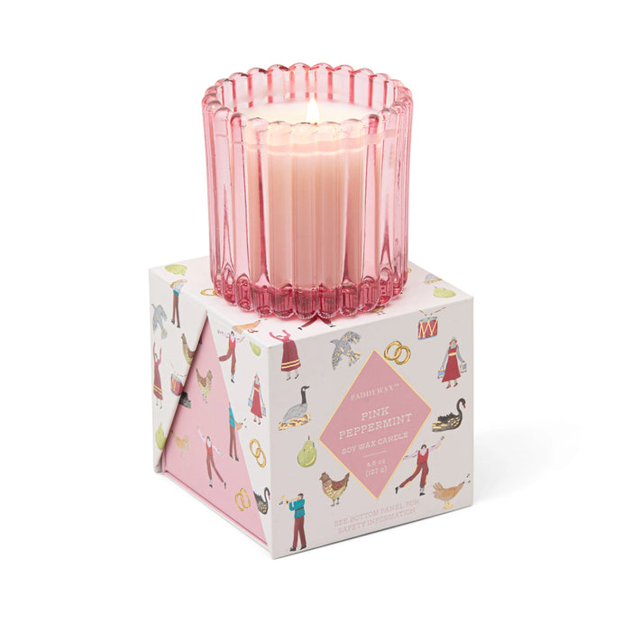 Christmas Ribbed Glass Candle, Pink Peppermint