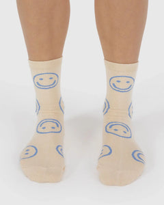 BAGGU Crew Socks, Ecru Periwinkle Happy