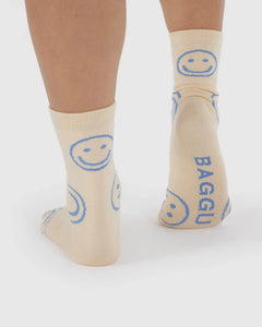 BAGGU Crew Socks, Ecru Periwinkle Happy