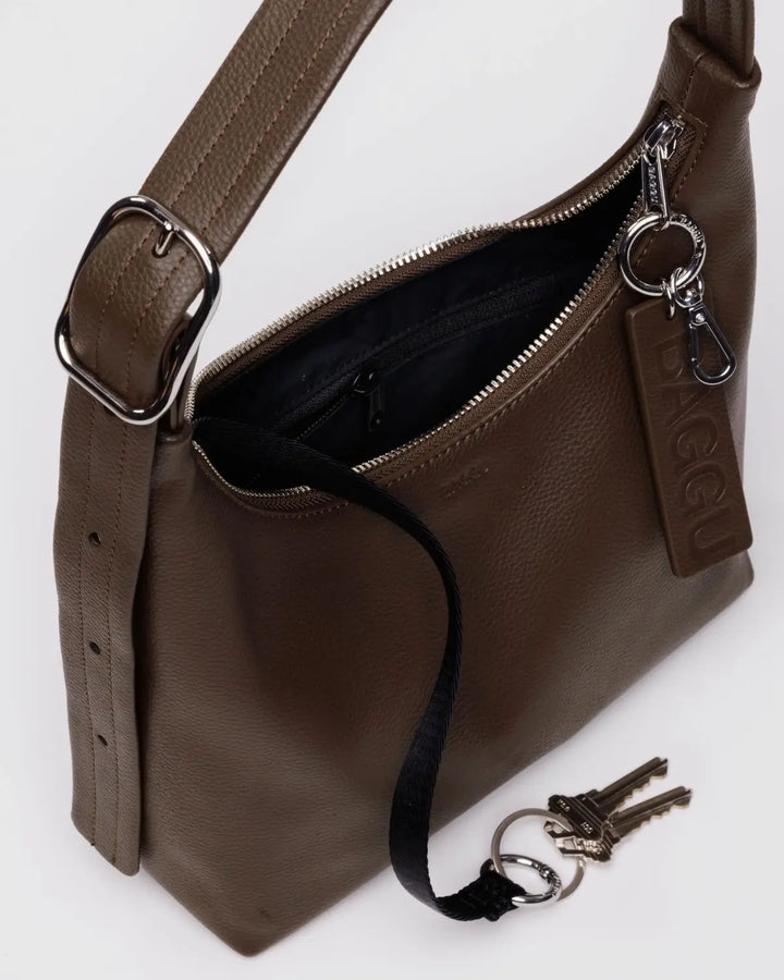 BAGGU Small Recycled Leather Shoulder Bag, Brown