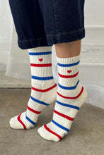 Load image into Gallery viewer, Embroidered Striped Boyfriend Socks, Red, Blue + Heart