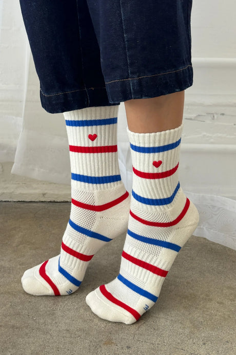 Embroidered Striped Boyfriend Socks, Red, Blue + Heart
