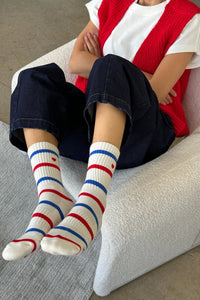 Embroidered Striped Boyfriend Socks, Red, Blue + Heart
