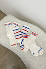 Load image into Gallery viewer, Embroidered Striped Boyfriend Socks, Red, Blue + Heart