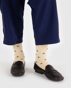 BAGGU Crew Socks, Cream Rosette