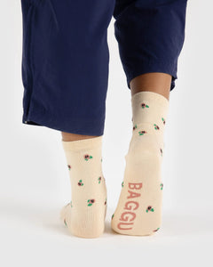 BAGGU Crew Socks, Cream Rosette