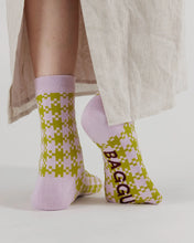 Load image into Gallery viewer, BAGGU Crew Socks, Pink Pistachio Pixel Gingham